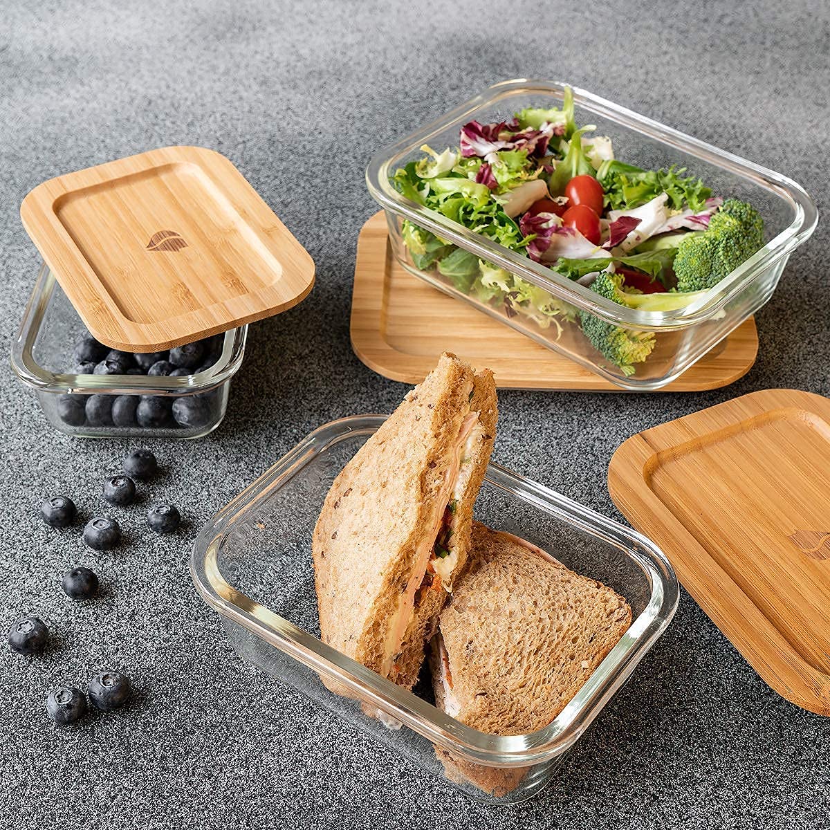 Borosilicate Glass Food Storage Containers with Wooden Lid, 3 pcs Set, Borosilicate Glass, Rectangle Shape, Transparent, Microwave Safe, 370ml, 640ml,1050ml - Image 4