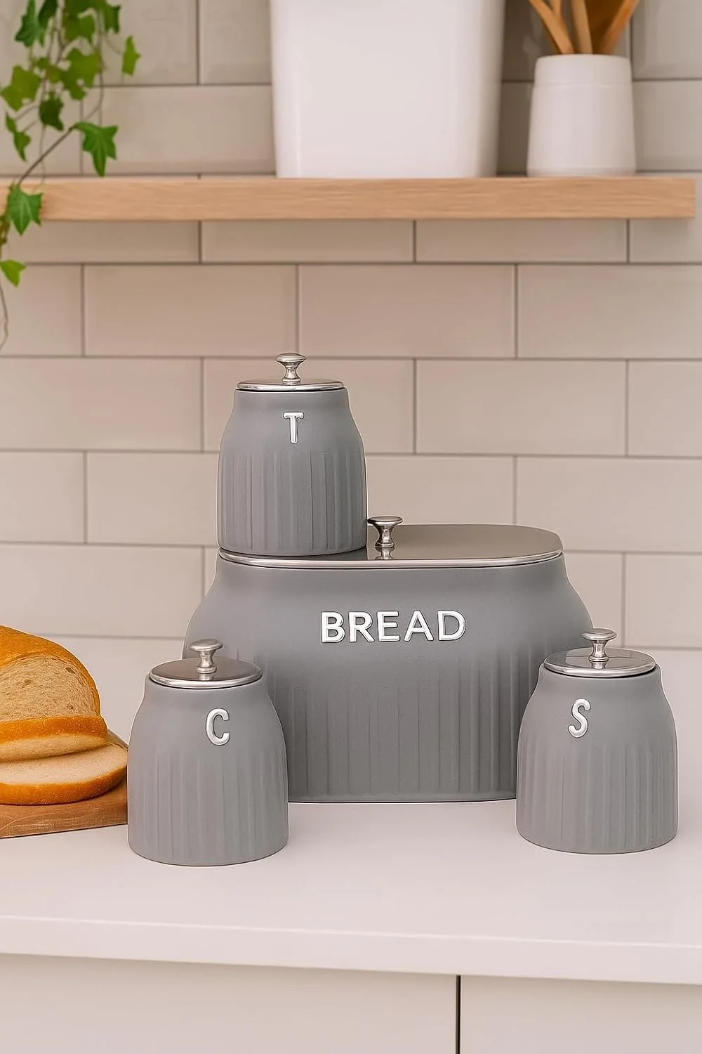 Bread Bin & 3 Canister Set – Labelled Tea, Coffee & Sugar - Image 3