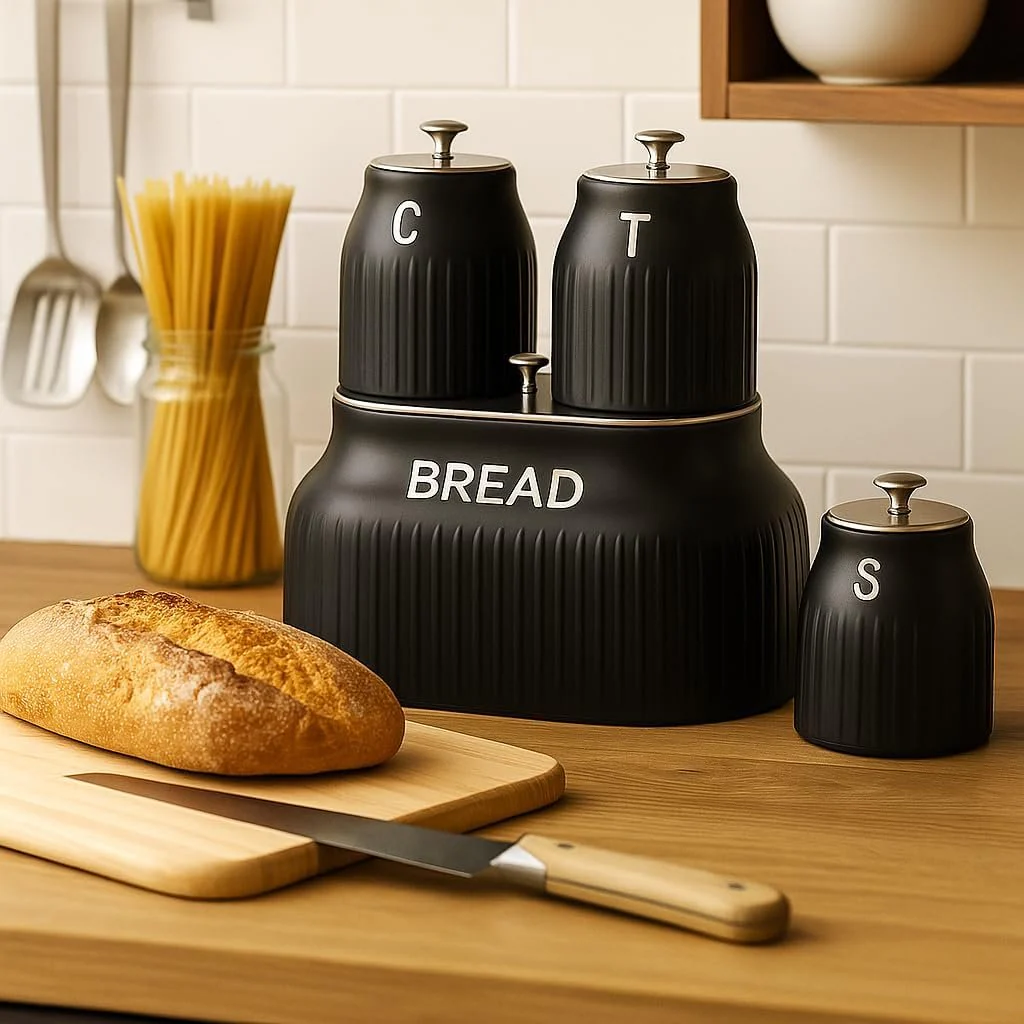 Bread Bin & 3 Canister Set – Labelled Tea, Coffee & Sugar - Image 7