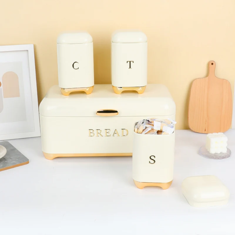 Nordic Bread Box with 3 Canister Set Gold Trim Kenya - Image 3