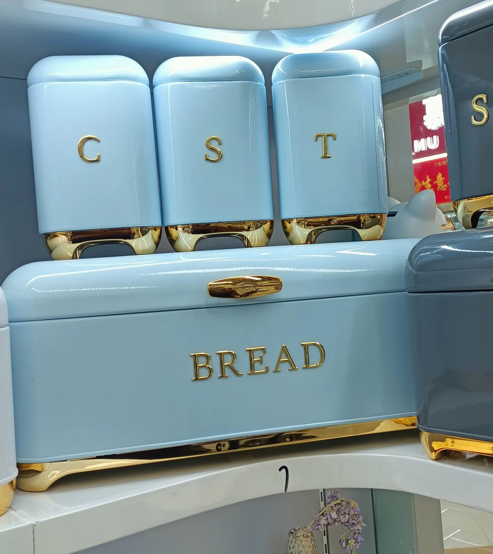 Nordic Bread Box with 3 Canister Set Gold Trim Kenya - Image 4