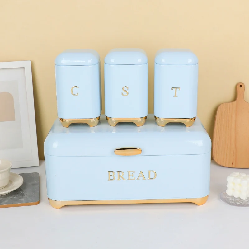 Nordic Bread Box with 3 Canister Set Gold Trim Kenya - Image 5
