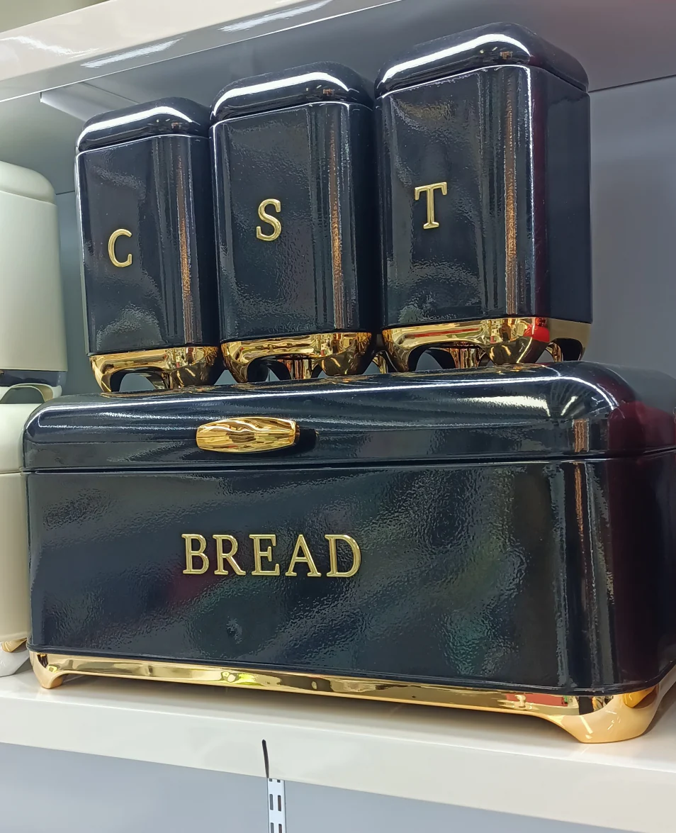Nordic Bread Box with 3 Canister Set Gold Trim Kenya - Image 6