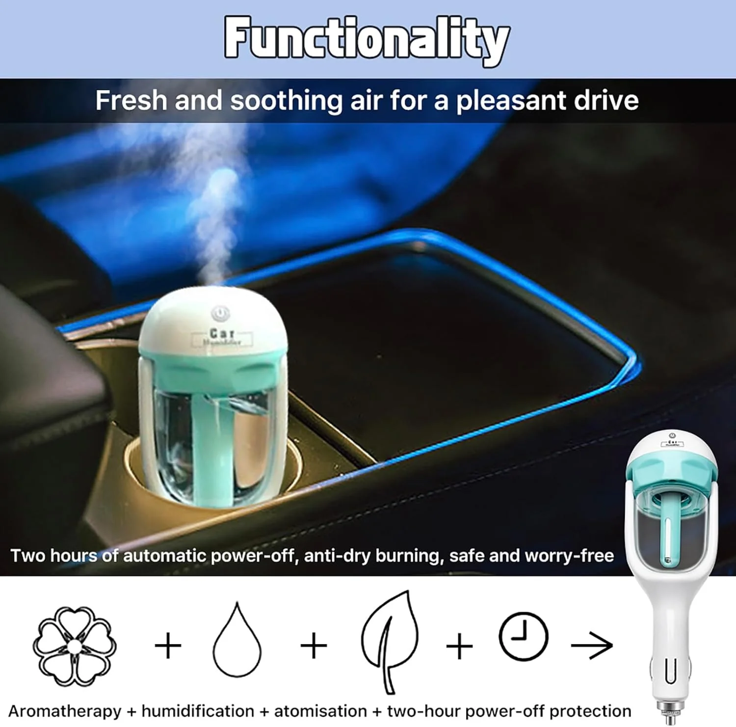 Car Humidifier, Car Essential Oil Diffuser, Portable Car Air Freshener, Personal Car Purifier Humidifier, Mini Cool Mist Humidifier with 12V Charging Port Blue - Image 5
