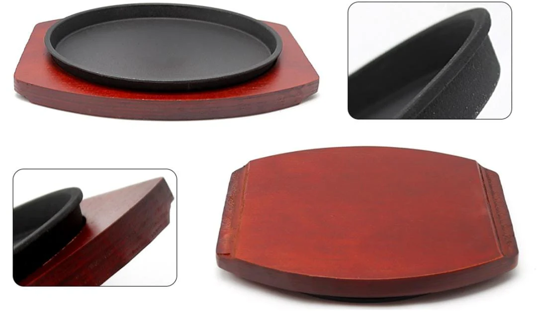 Cast iron hot sizzling plate on wooden tray - Image 5
