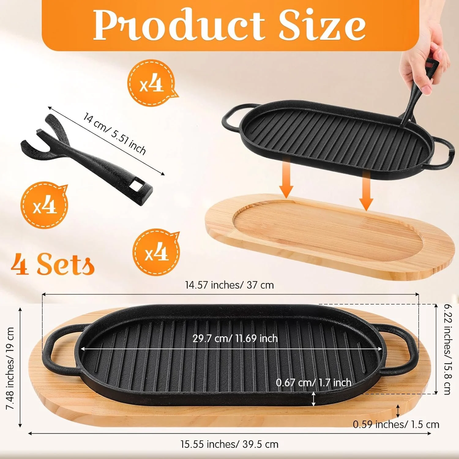 Cast Iron Sizzling Plate Fajita Skillet Bbq & Steak Pan – Wooden Base 29x17cm - Image 3