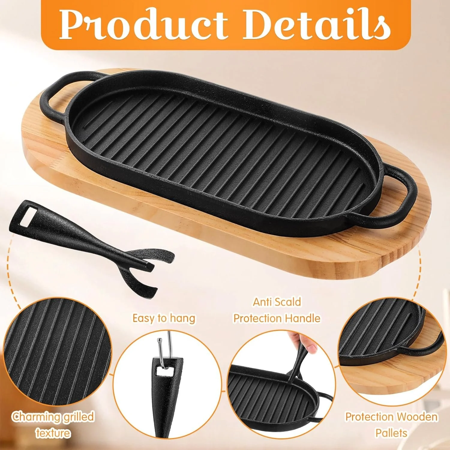 Cast Iron Sizzling Plate Fajita Skillet Bbq & Steak Pan – Wooden Base 29x17cm - Image 4