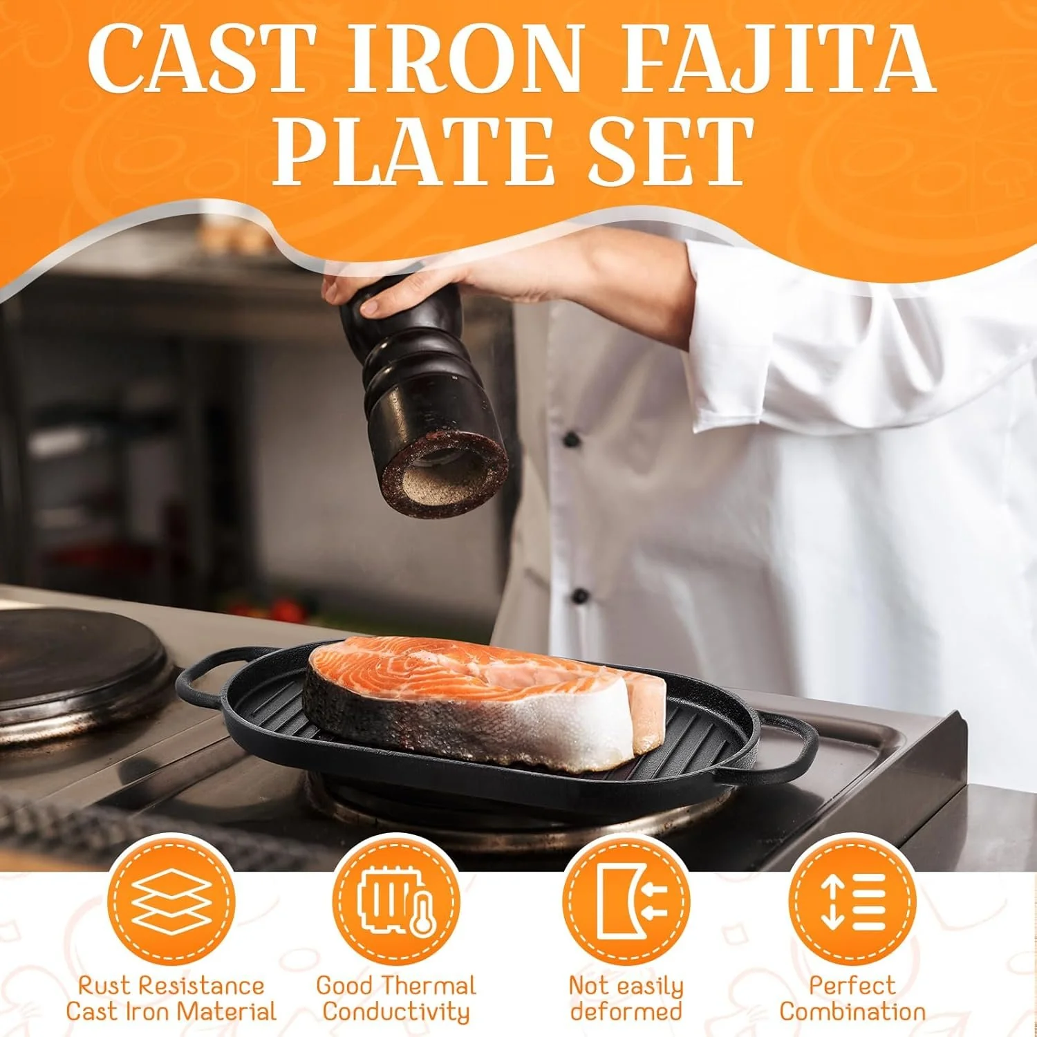 Cast Iron Sizzling Plate Fajita Skillet Bbq & Steak Pan – Wooden Base 29x17cm - Image 5