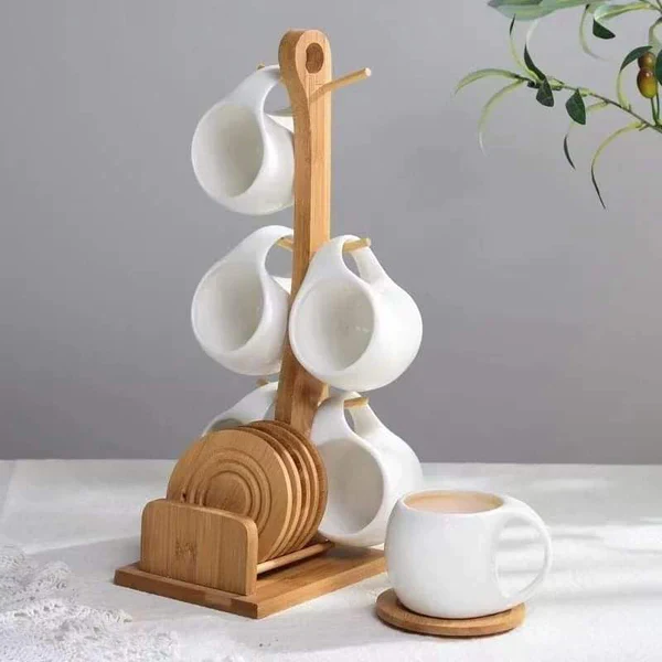 Ceramic 6 cups (200ml) with wooden bamboo stand - Image 2