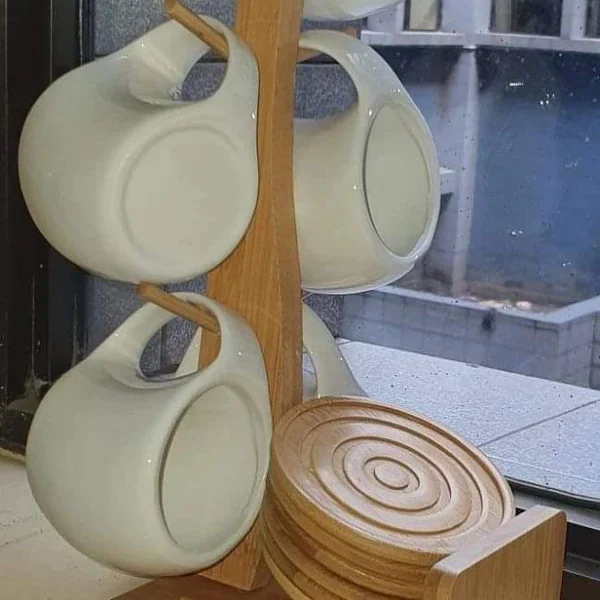Ceramic 6 cups (200ml) with wooden bamboo stand - Image 3
