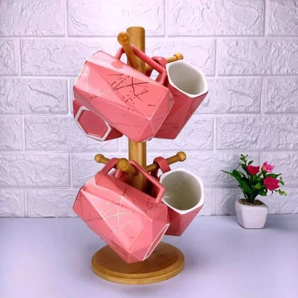 Ceramic Mugs 6pcs+ Bamboo Stand - Image 2