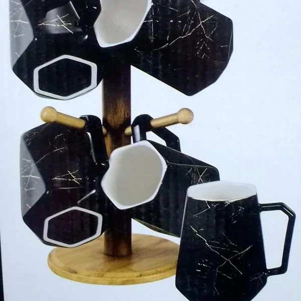 Ceramic Mugs 6pcs+ Bamboo Stand - Image 3