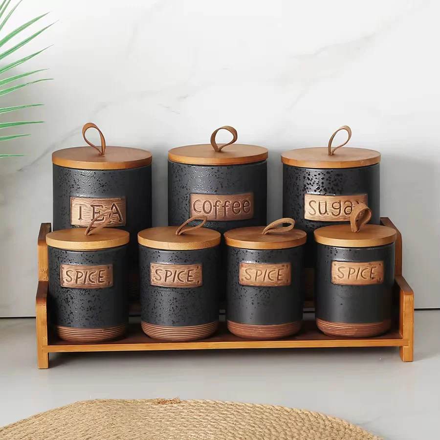 Ceramic Tea, Coffee & Sugar Canister Set with Bamboo Base Airtight Storage Jars - Image 3