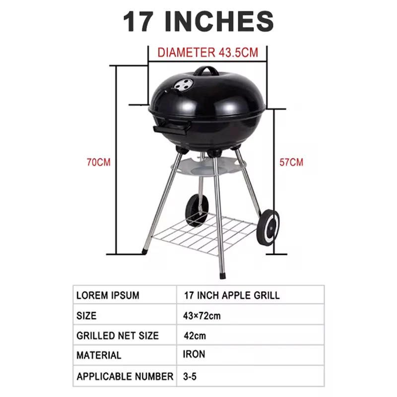 Charcoal Kettle Berbeque & BBQ Grill 44cm Portable with Wheels - Image 7