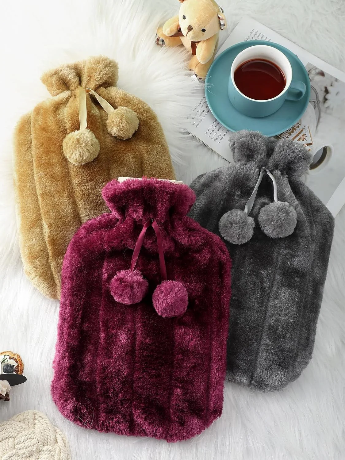Cosy Faux Fur Pom Pom Hot Water Bottle - 2 Litre - Image 4