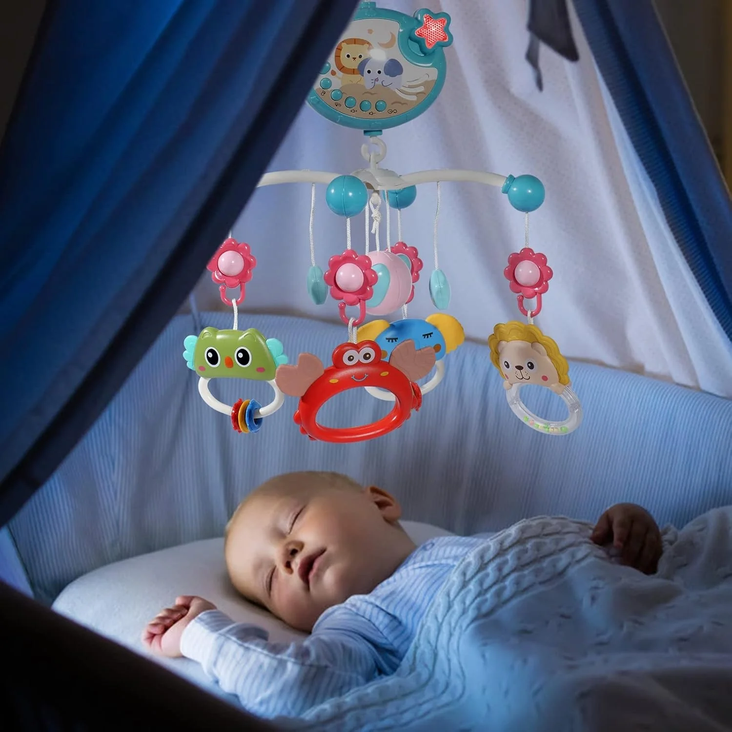 Cot Mobile for Babies, Baby Mobile for Crib, Hanging Projection Mobile with Music Box, Timing Function, Musical Mobile for Baby, Gifts for 0-12 Months Newborn (Blue) - Image 3