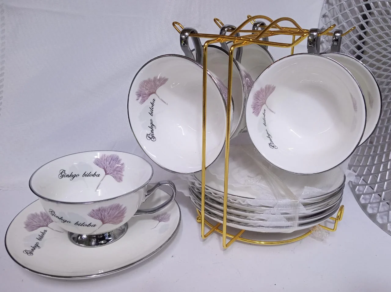 Cup and Saucer Pink Biloba With Stand - Image 2