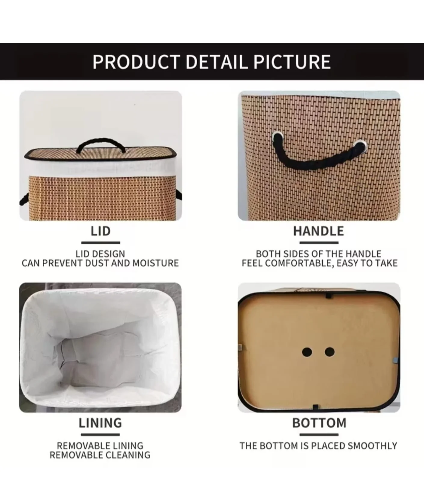 Customised Bamboo Woven Laundry Basket Collapsible Bamboo Laundry Hamper with Lid Kenya - Image 3