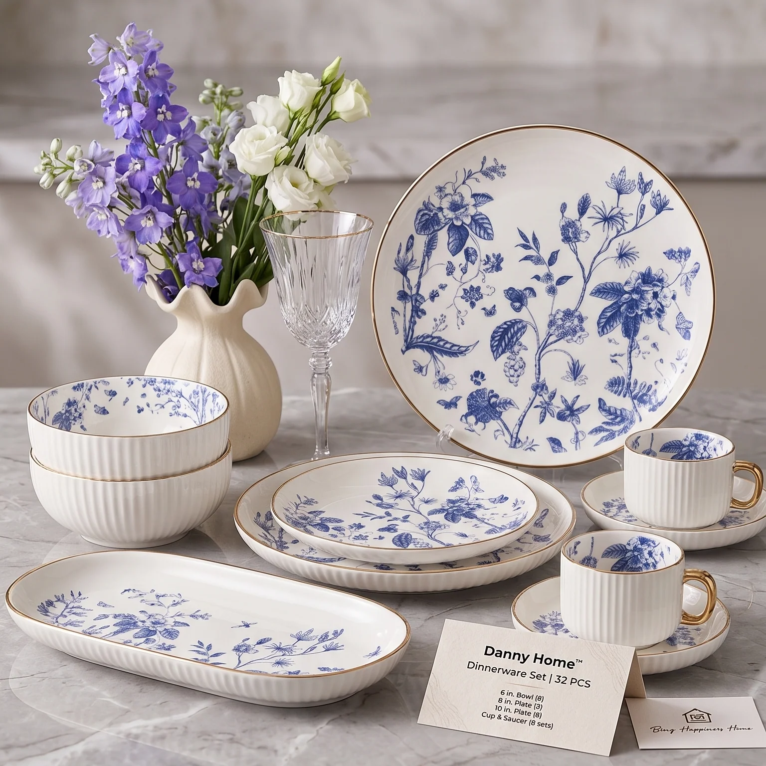 Danny Home 32-Piece Porcelain Dinnerware Set | Blue Floral Gold Edge Dinner Set with Cups, Saucers, Bowls & Oval Platter - Image 2