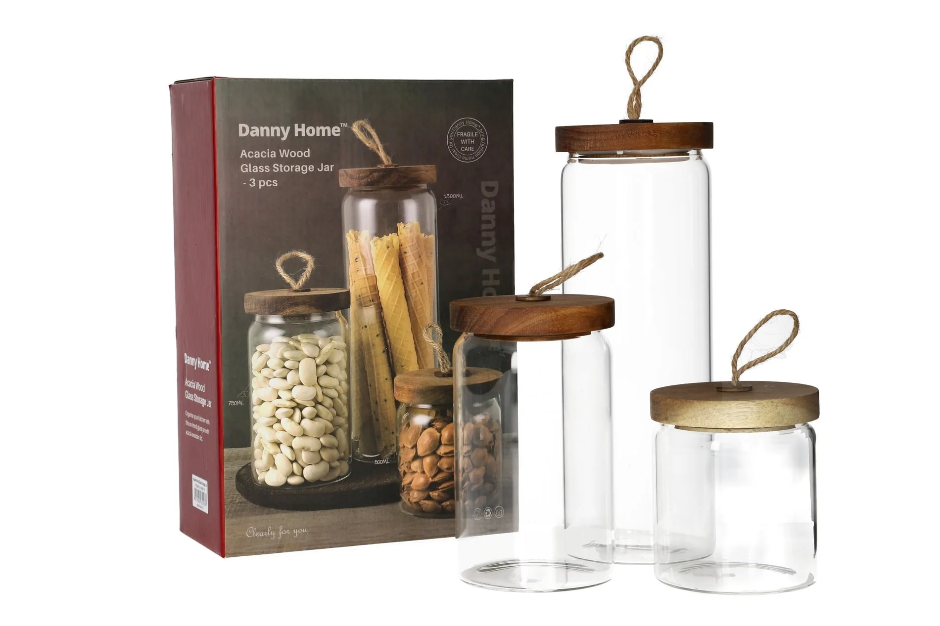 Danny Home Glass Cereal Storage Jars with Acacia Wood Lid 3pcs | Airtight Pantry Canisters Set - Image 2