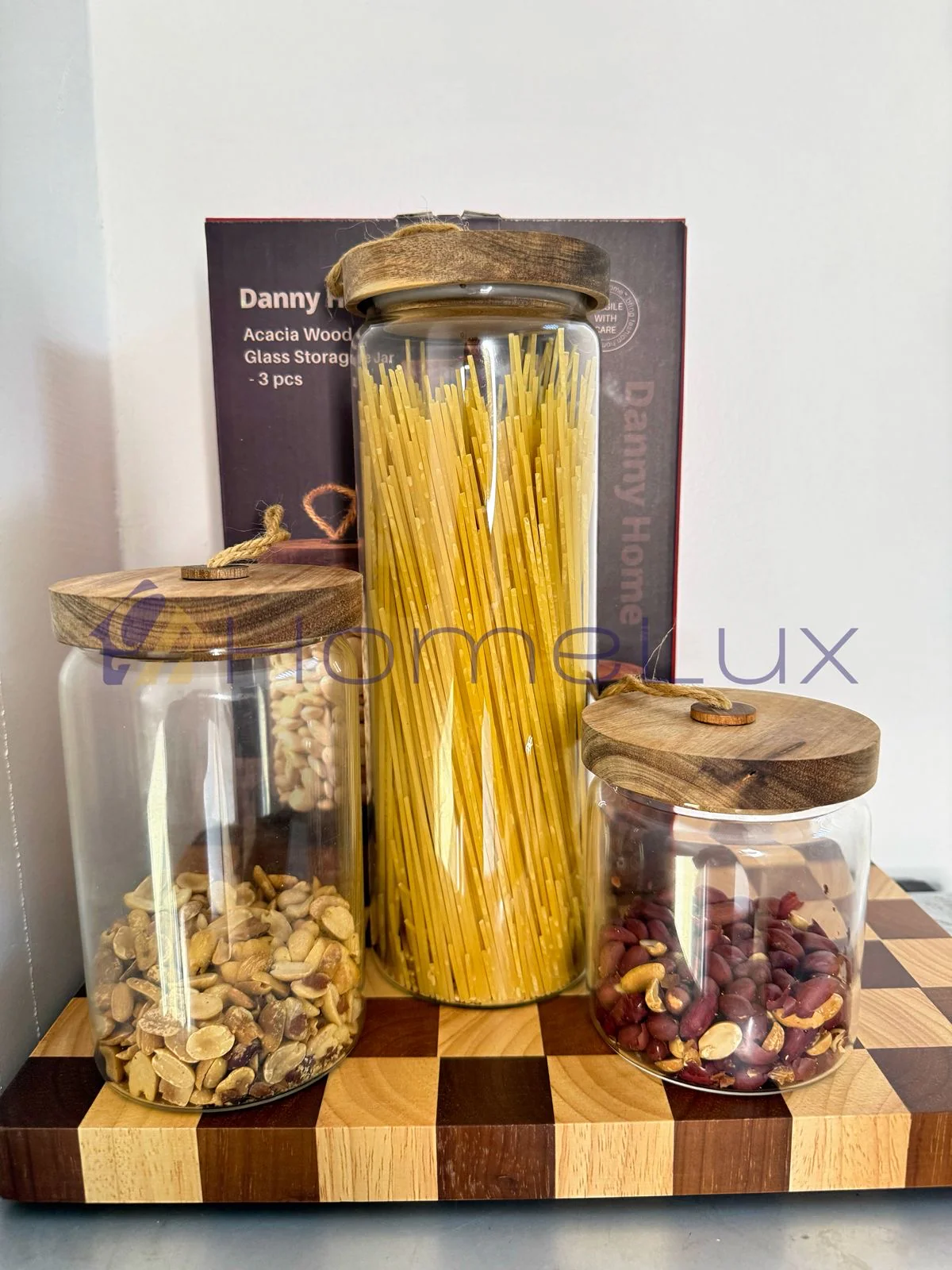 Danny Home Glass Cereal Storage Jars with Acacia Wood Lid 3pcs | Airtight Pantry Canisters Set - Image 3