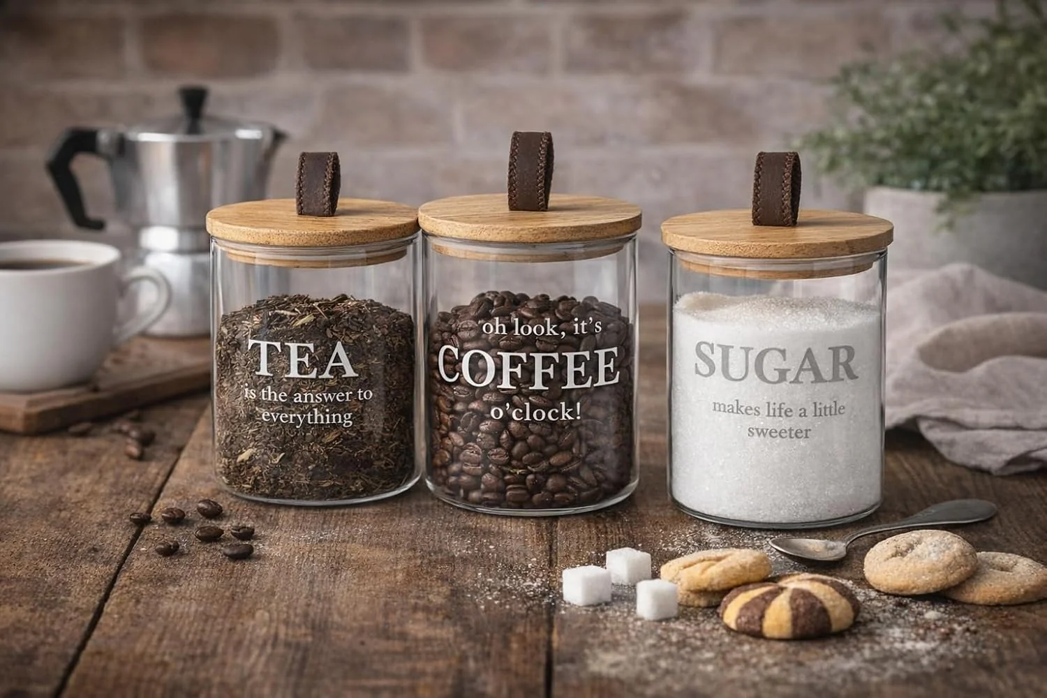 Danny Home Glass Sugar Tea Coffee Canister Set 3pcs | Modern Kitchen Storage Jars - Image 2