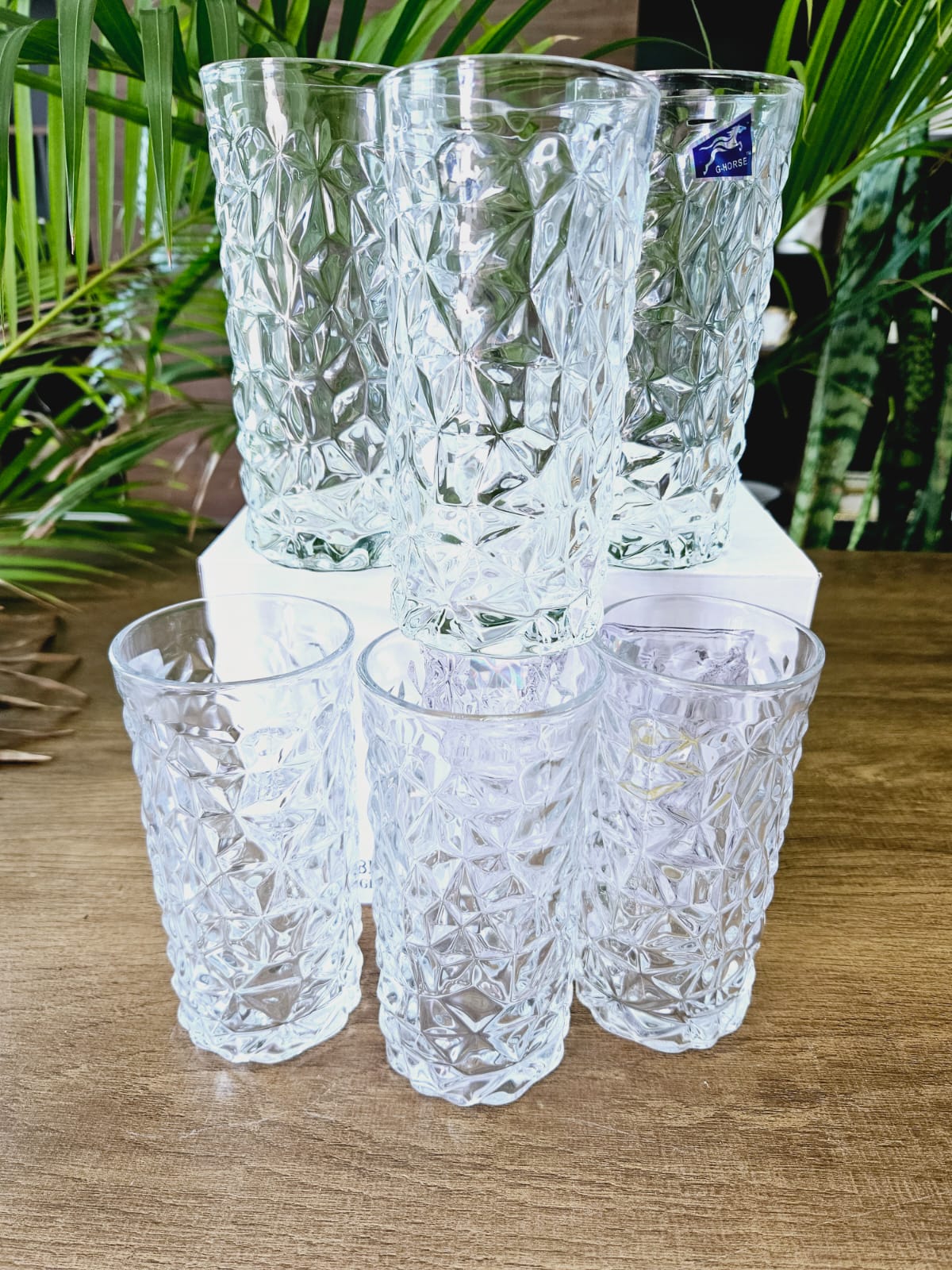 Diamond Crystal Gold Long Glasses Set of 6 – 350ml Water & Juice Glass Set - Image 2