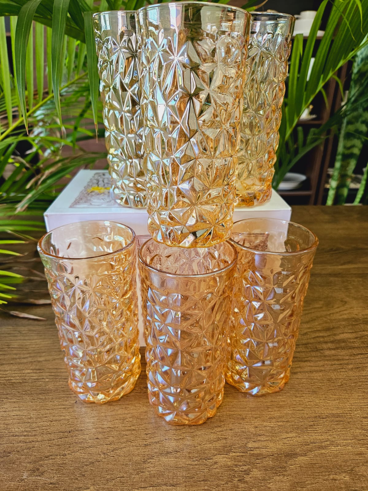 Diamond Crystal Gold Long Glasses Set of 6 – 350ml Water & Juice Glass Set - Image 3