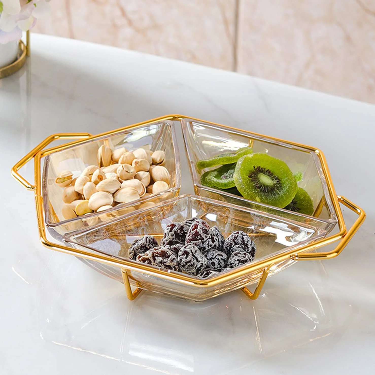 Diamond shaped acrylic dish on metallic golden frame nut and candy serving trays - Image 5