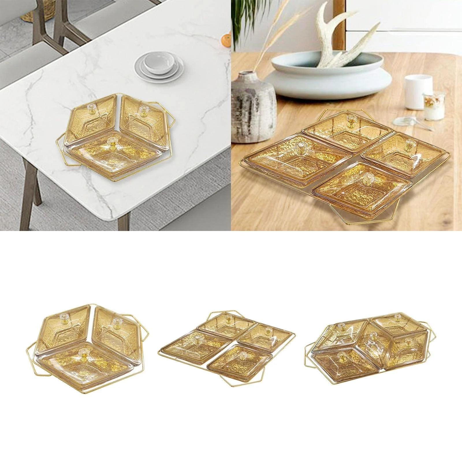 Diamond shaped acrylic dish on metallic golden frame nut and candy serving trays - Image 6