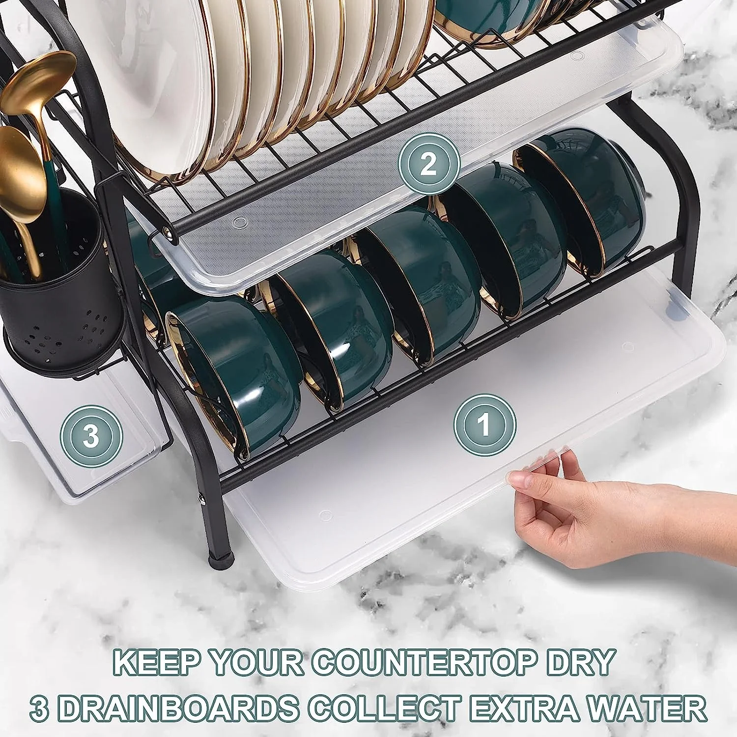 2-Tier Dish Drying Rack / Rust-Proof Kitchen Dish Drainer with Utensil Holder - Image 4