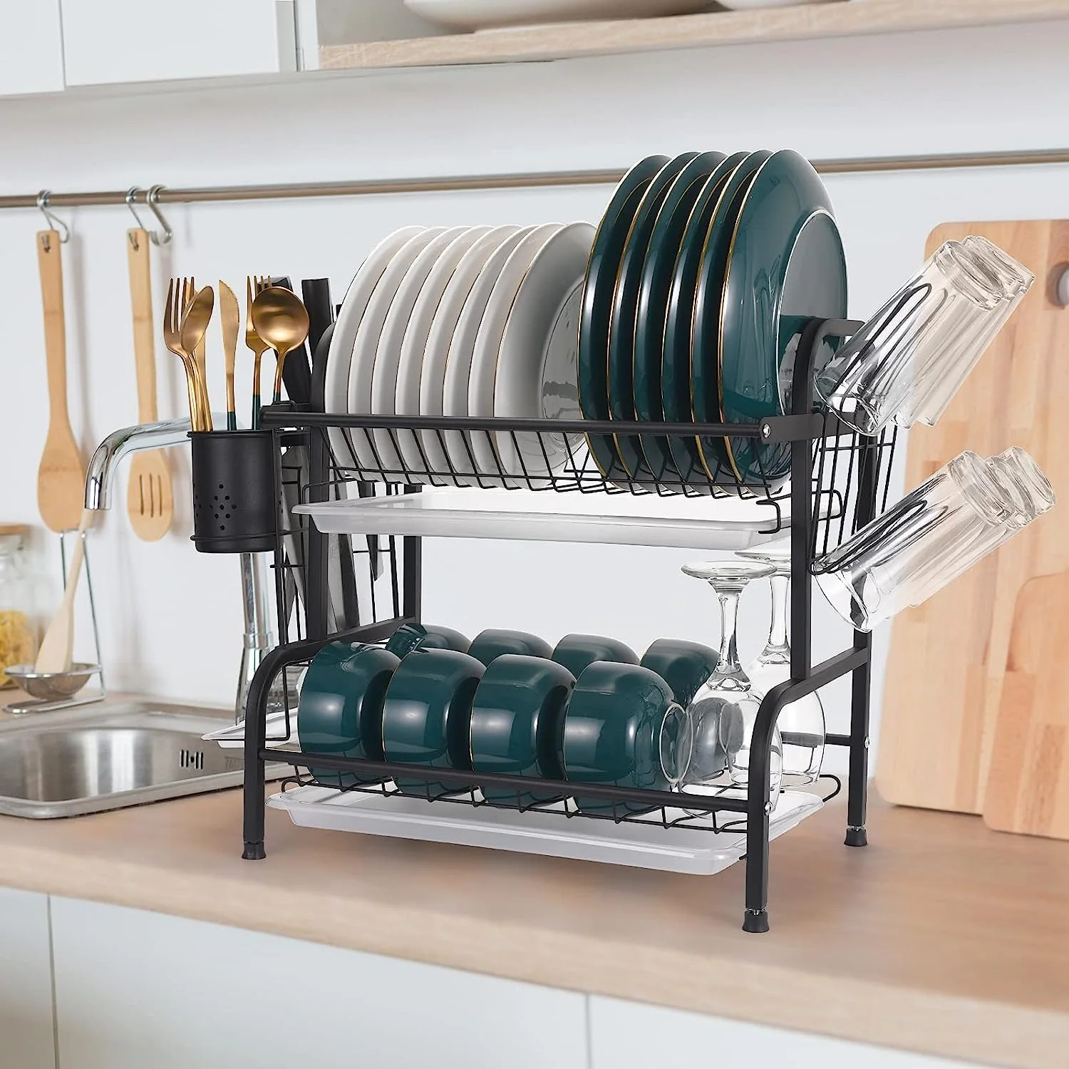 2-Tier Dish Drying Rack / Rust-Proof Kitchen Dish Drainer with Utensil Holder - Image 5