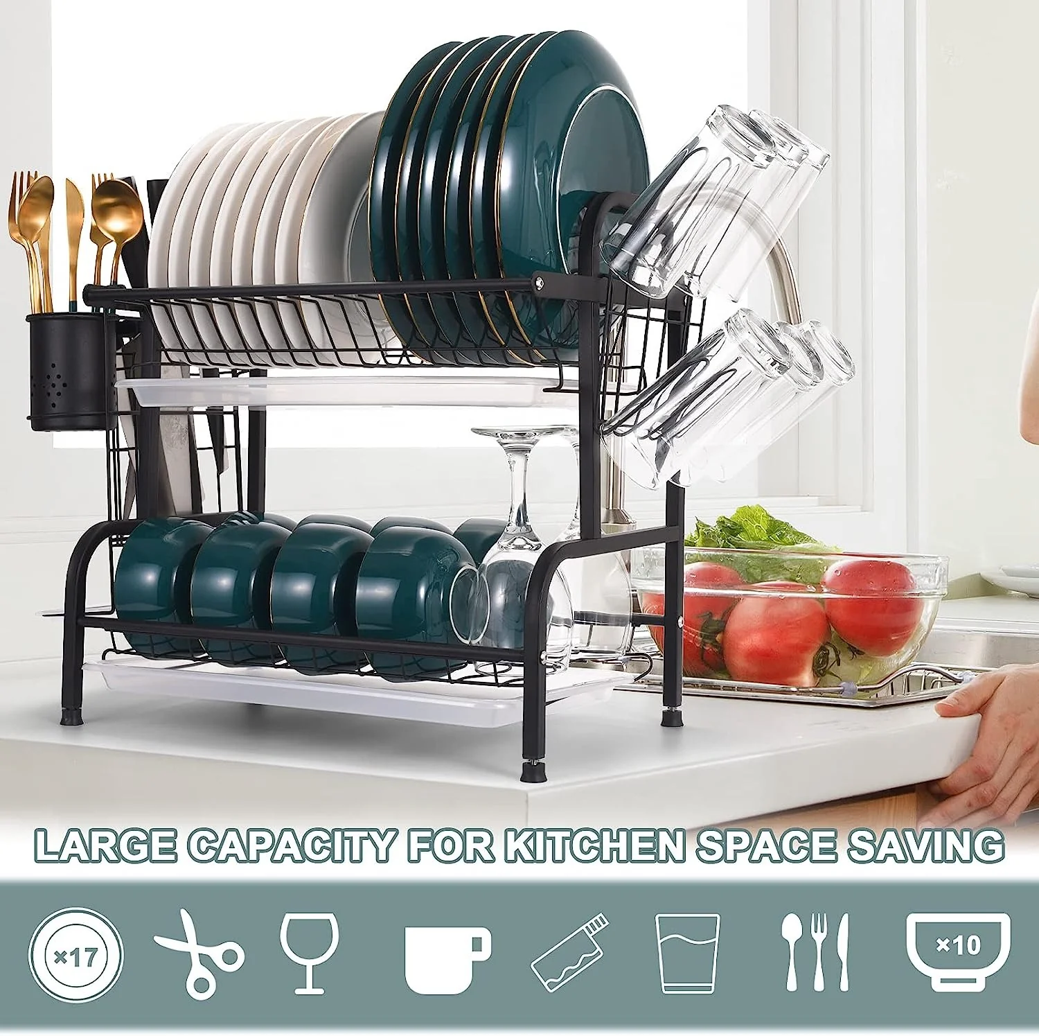 2-Tier Dish Drying Rack / Rust-Proof Kitchen Dish Drainer with Utensil Holder - Image 6