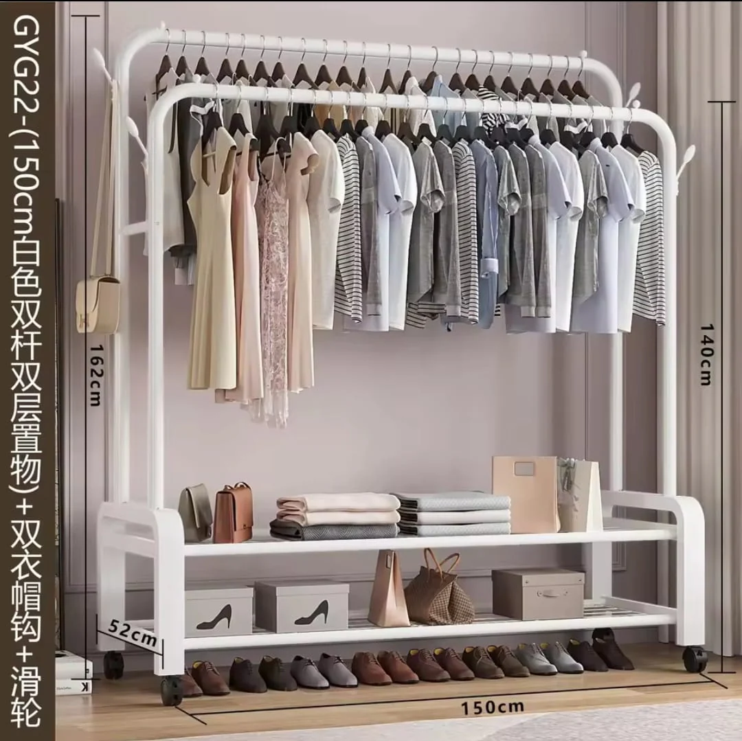 Double Pole Clothing Rack with Wheels and Shoe Rack - Image 3