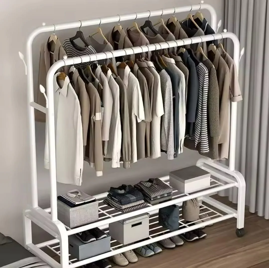Double Pole Clothing Rack with Wheels and Shoe Rack - Image 4