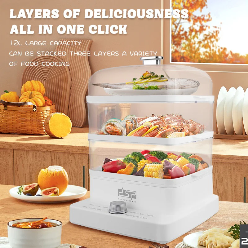 DSP 12L Large-Capacity 3-Tier Electric Food Steamer Timer-Controlled for Vegetables, Stews, Seafood & More (1200W) - Image 2