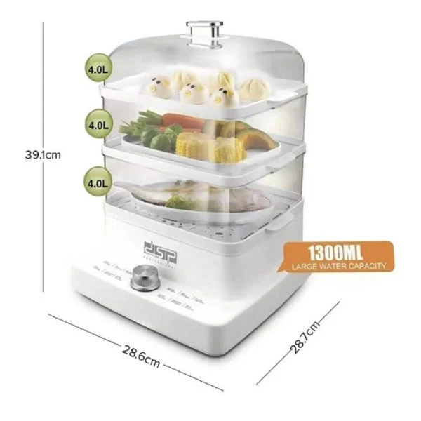 DSP 12L Large-Capacity 3-Tier Electric Food Steamer Timer-Controlled for Vegetables, Stews, Seafood & More (1200W) - Image 7