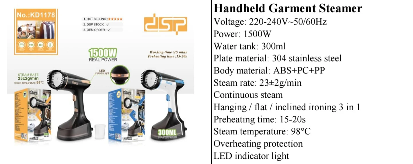 DSP 1500W Handheld Garment Steamer – Portable Clothes Steamer for Fast Wrinkle Removal (300ml Water Tank) - Image 3