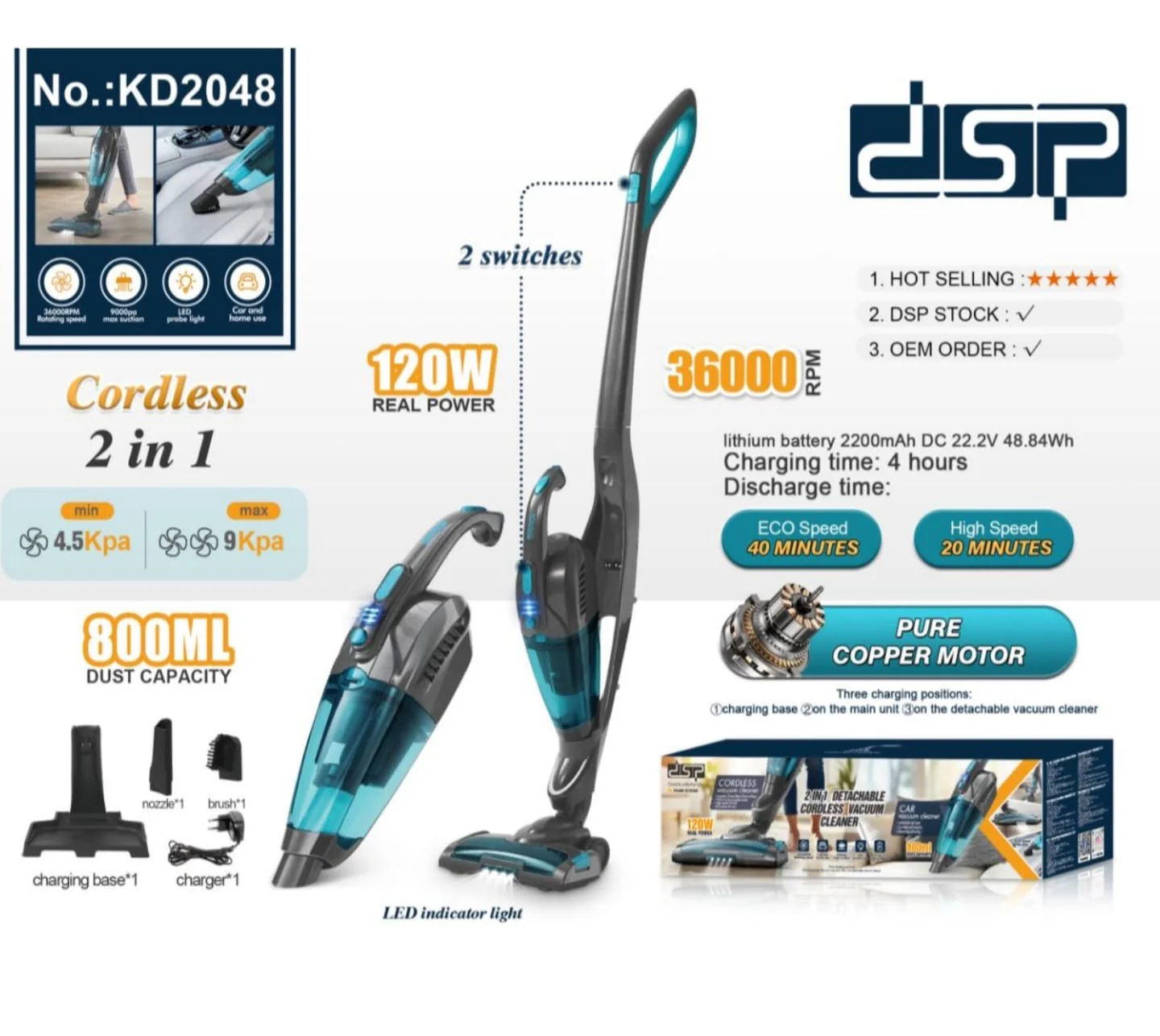 DSP 2 in 1 Cordless Vacuum Cleaner – Detachable Handheld Vacuum for Home & Car, 120W, 800ml Dust Tank - Image 2