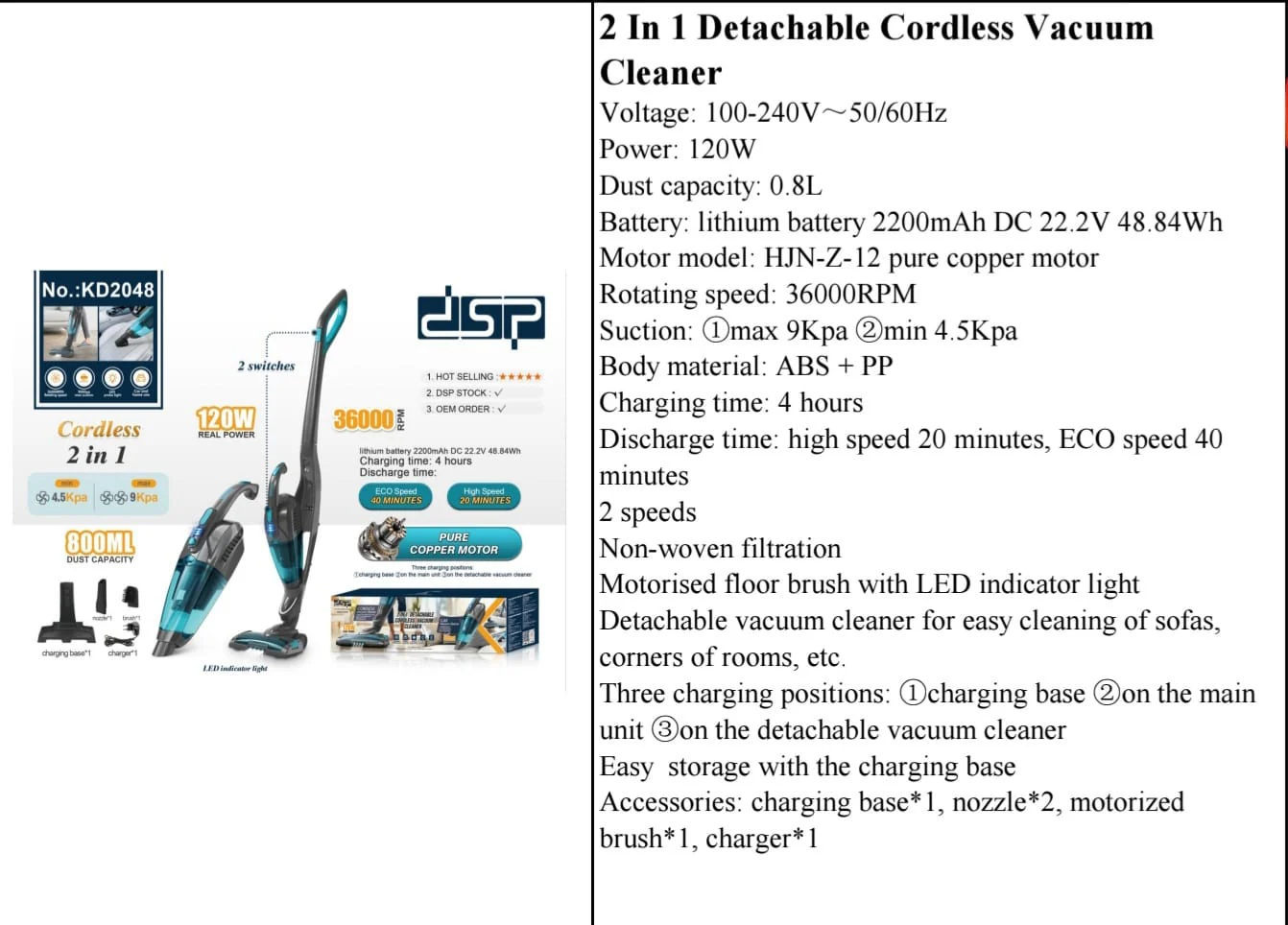 DSP 2 in 1 Cordless Vacuum Cleaner – Detachable Handheld Vacuum for Home & Car, 120W, 800ml Dust Tank - Image 3