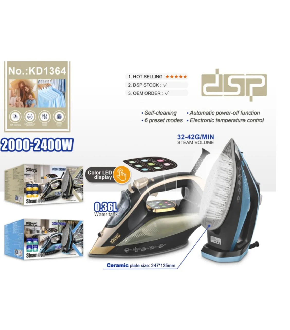 DSP 2400W Steam Iron with Ceramic Soleplate, LED Display & Auto Shut-Off – Heavy Duty Clothes Iron for Kenyan Homes - Image 2