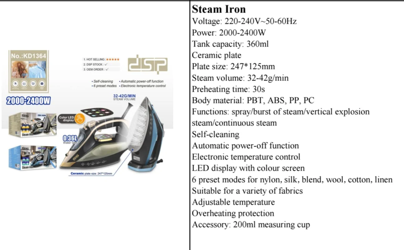 DSP 2400W Steam Iron with Ceramic Soleplate, LED Display & Auto Shut-Off – Heavy Duty Clothes Iron for Kenyan Homes - Image 3