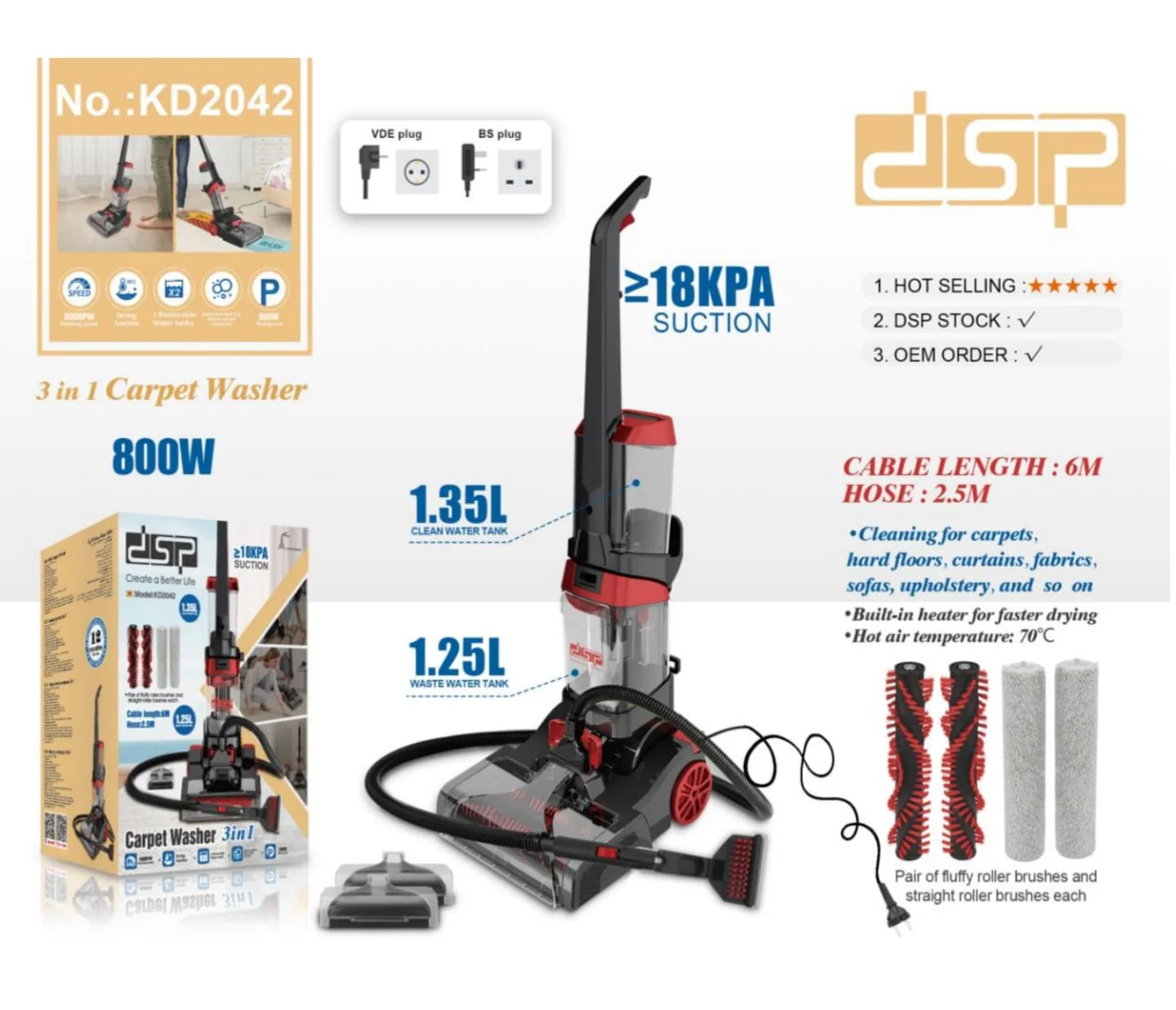 DSP 3-in-1 Carpet Washer – 800W Powerful Carpet & Sofa Cleaner with Dual Water Tanks (1.35L + 1.25L) – Kenya - Image 2