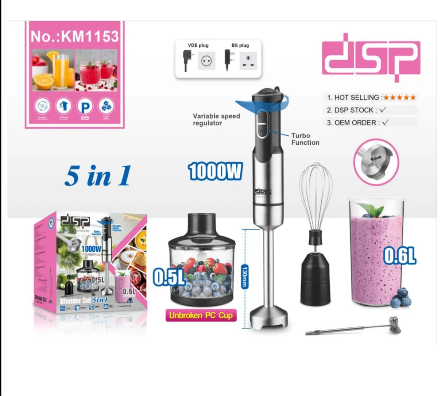 DSP 5-in-1 Hand Blender Set 1000W Stainless Steel Kenya - Image 2
