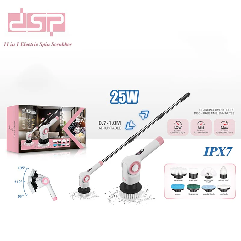DSP Electric Spin Scrubber, IPX7 Waterproof, Adjustable Telescopic Pole Adjustable Angles, 3 speeds Electric Spin Brush for Cleaning Bathroom Tub Floor Tile Basin, LED Display - Image 2