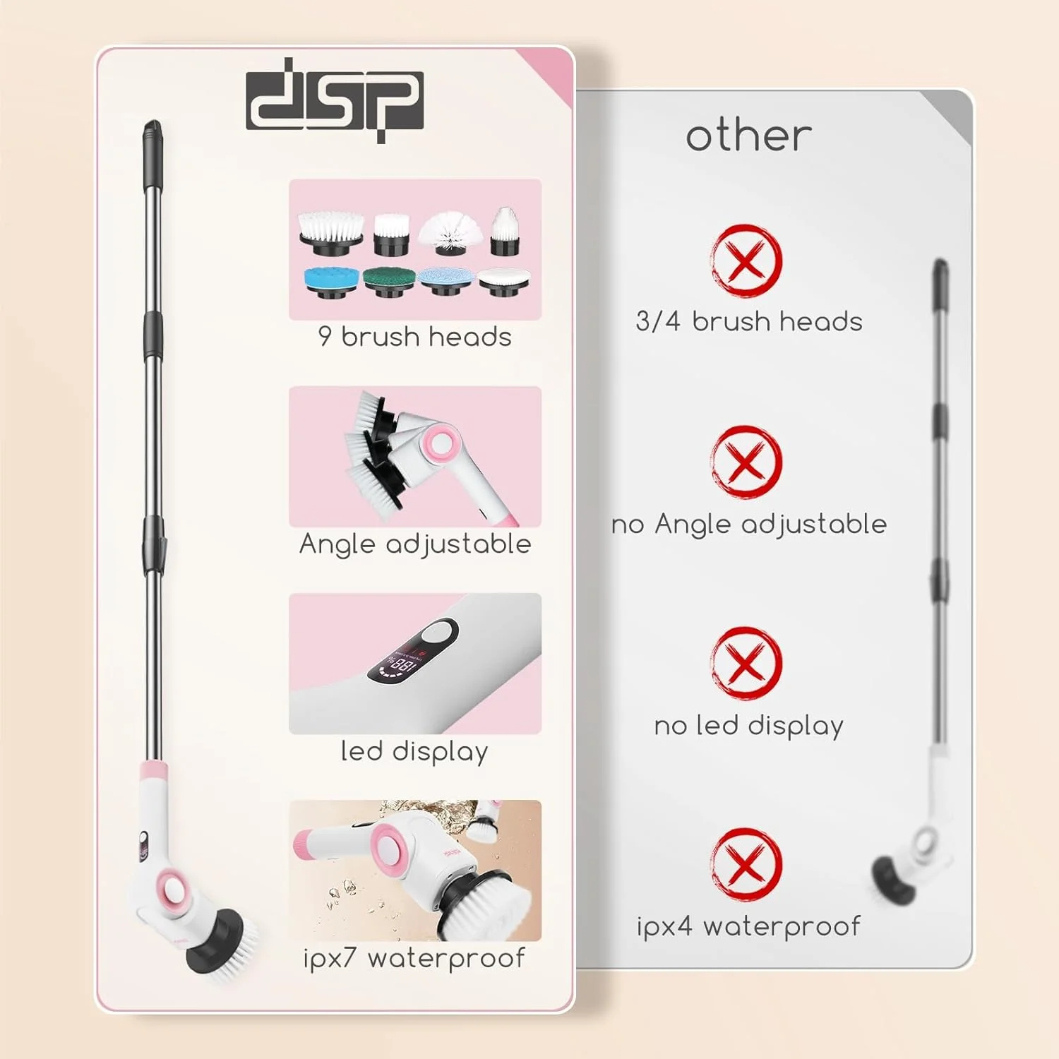 DSP Electric Spin Scrubber, IPX7 Waterproof, Adjustable Telescopic Pole Adjustable Angles, 3 speeds Electric Spin Brush for Cleaning Bathroom Tub Floor Tile Basin, LED Display - Image 4