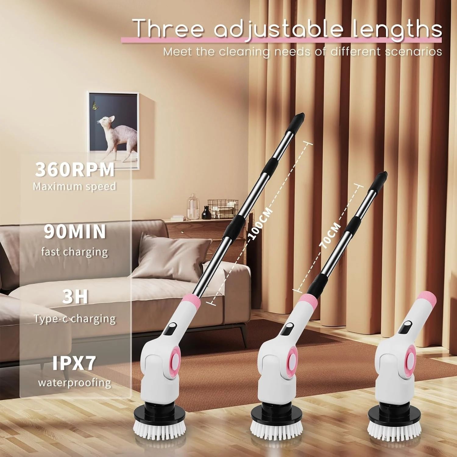 DSP Electric Spin Scrubber, IPX7 Waterproof, Adjustable Telescopic Pole Adjustable Angles, 3 speeds Electric Spin Brush for Cleaning Bathroom Tub Floor Tile Basin, LED Display - Image 7