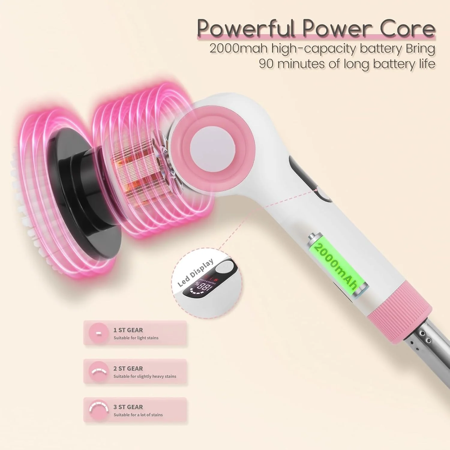 DSP Electric Spin Scrubber, IPX7 Waterproof, Adjustable Telescopic Pole Adjustable Angles, 3 speeds Electric Spin Brush for Cleaning Bathroom Tub Floor Tile Basin, LED Display - Image 8
