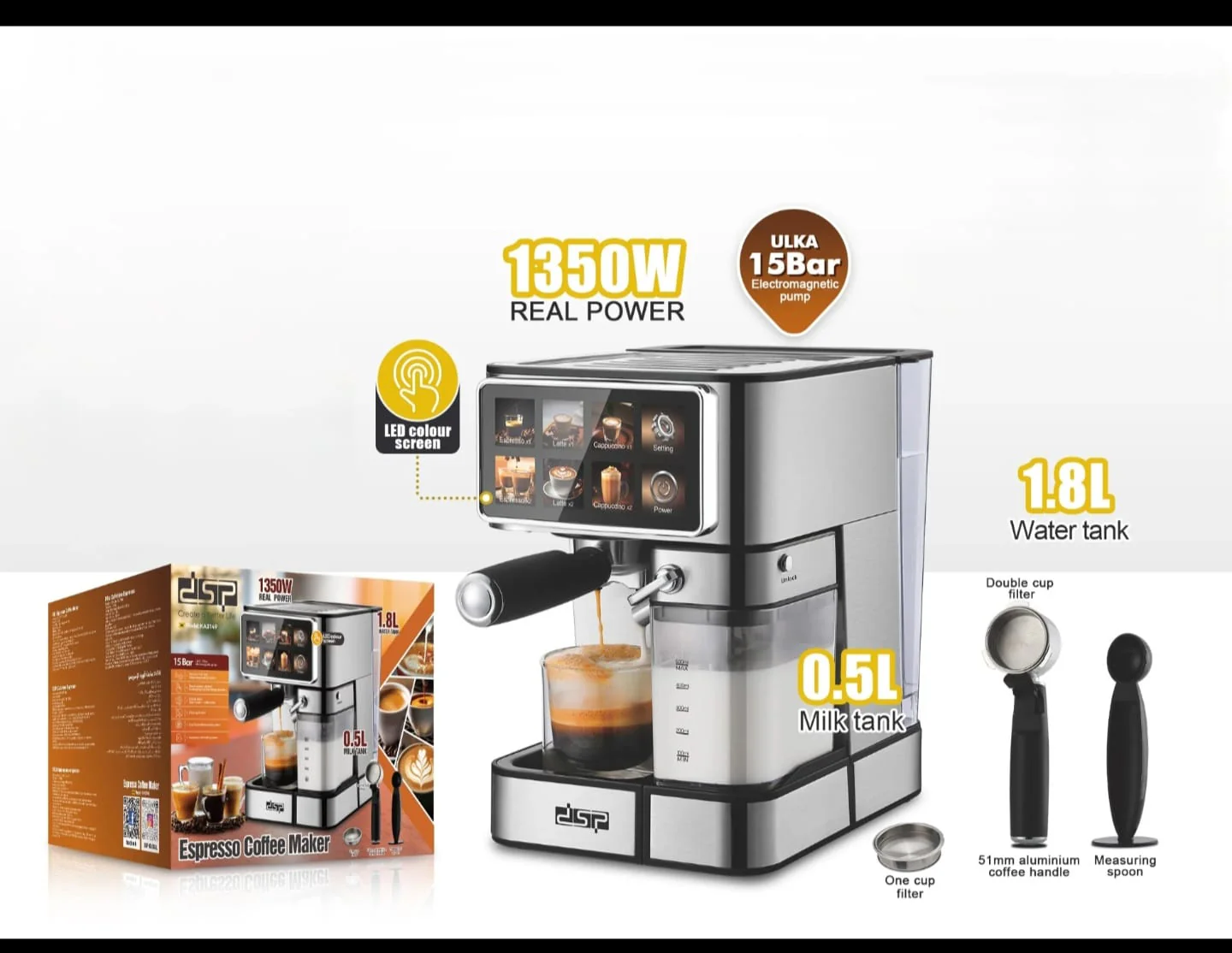 DSP Espresso Coffee Maker Machine – 1350W, 15 Bar Pump, 1.8L Water Tank, Milk Frother | Coffee Machine Kenya - Image 2