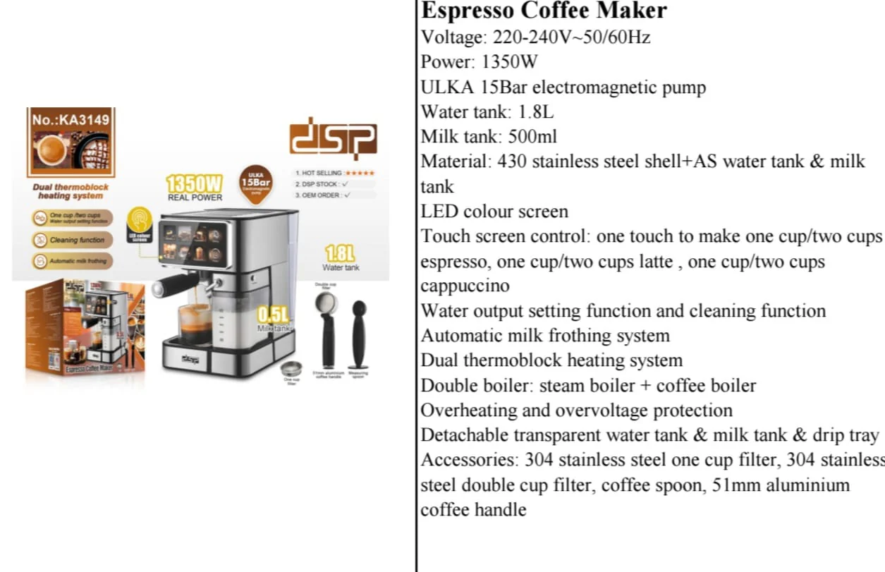 DSP Espresso Coffee Maker Machine – 1350W, 15 Bar Pump, 1.8L Water Tank, Milk Frother | Coffee Machine Kenya - Image 3